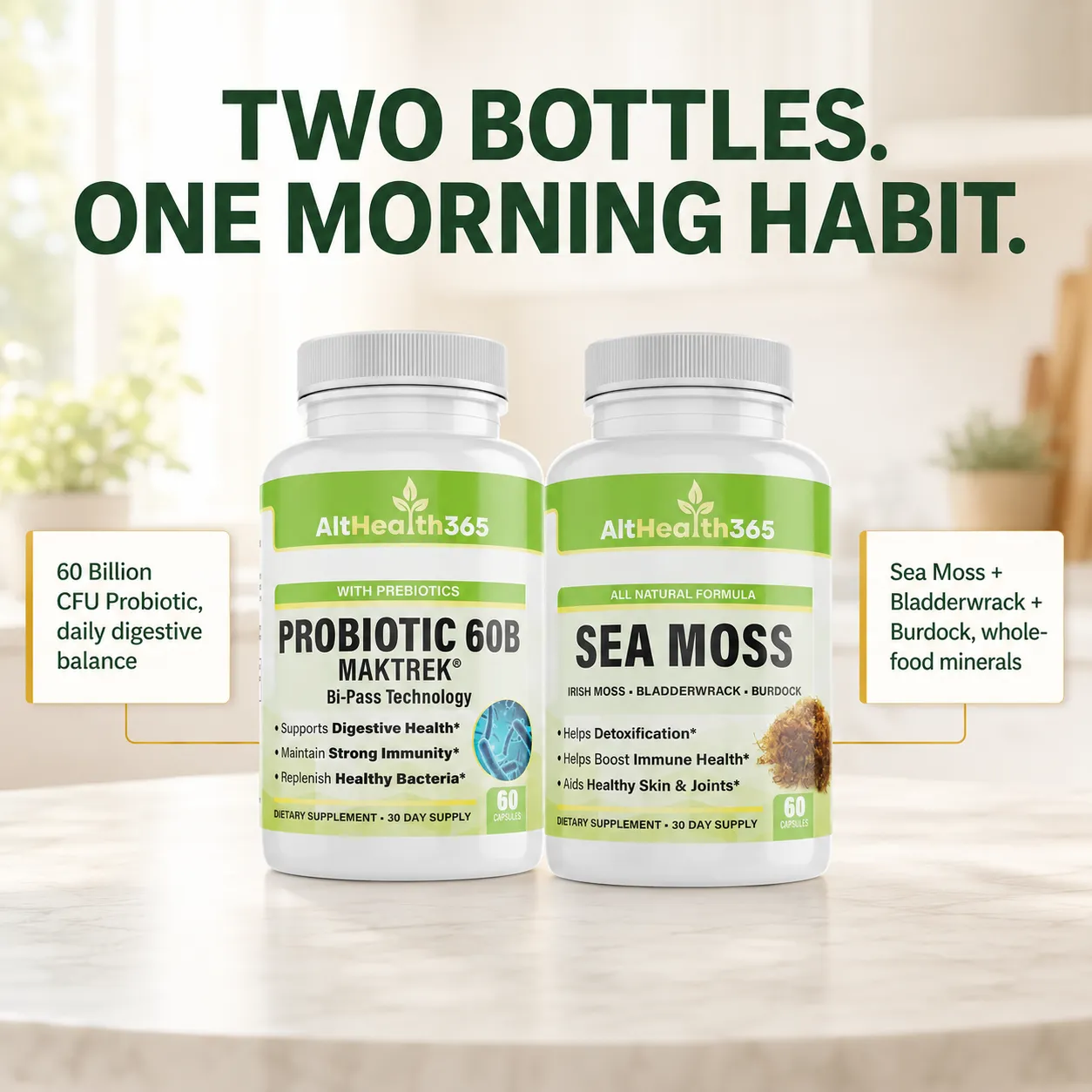 What's inside the Gut Reset Duo: Sea Moss Capsules and Probiotic 60 Billion CFU bottles