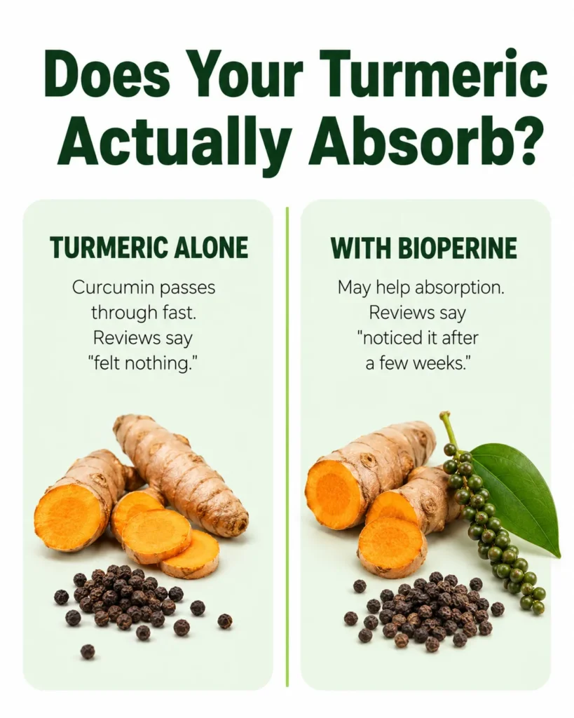 Comparison infographic showing turmeric alone versus turmeric with BioPerine for absorption
