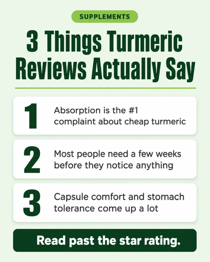 Infographic listing the three themes that show up most in turmeric supplement reviews