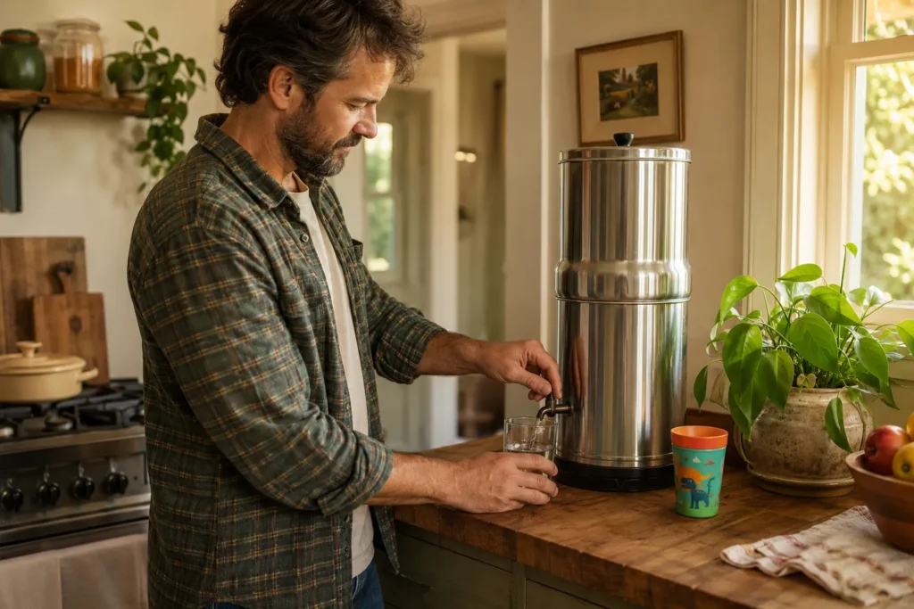 filling a glass from a countertop gravity water filter with no plumbing or power needed