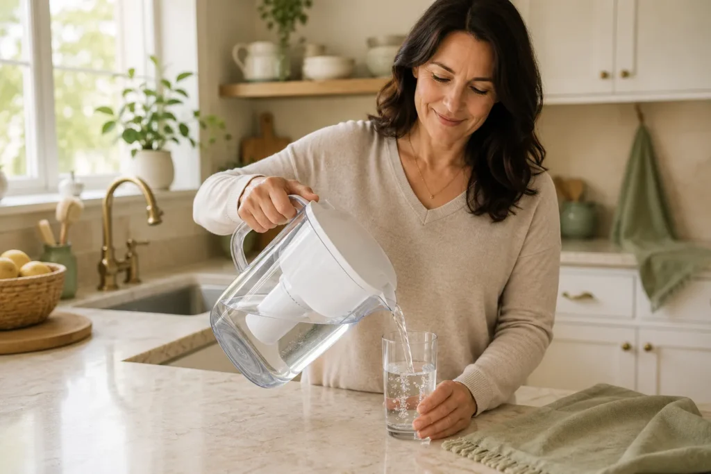 pouring a glass of water from a filter pitcher, the easiest daily hydration habit
