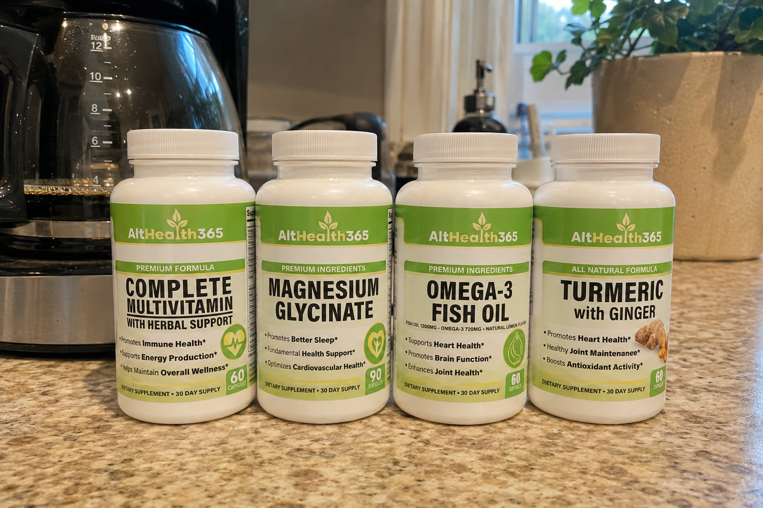 Four AltHealth365 supplement bottles lined up on a kitchen counter beside a coffee maker