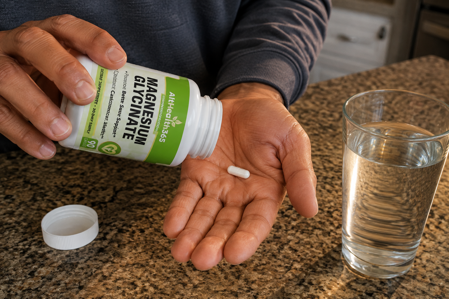 Hand tipping a magnesium glycinate capsule from an AltHealth365 bottle into an open palm