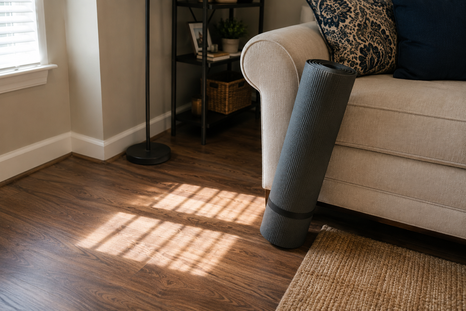 Rolled-up thick exercise mat leaning against a couch in a tidy living room
