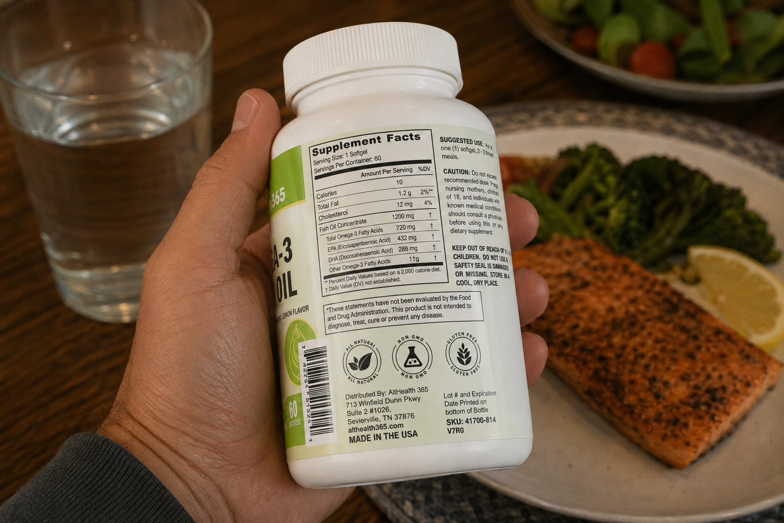 Reading the supplement facts panel on an omega-3 fish oil bottle