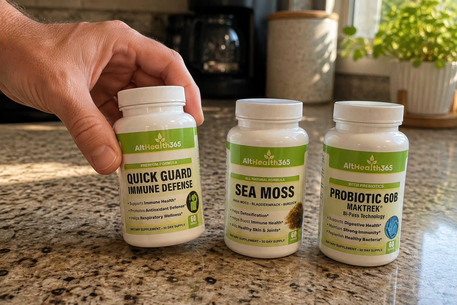 Close-up of the Sea Moss Complex label showing burdock and bladderwrack