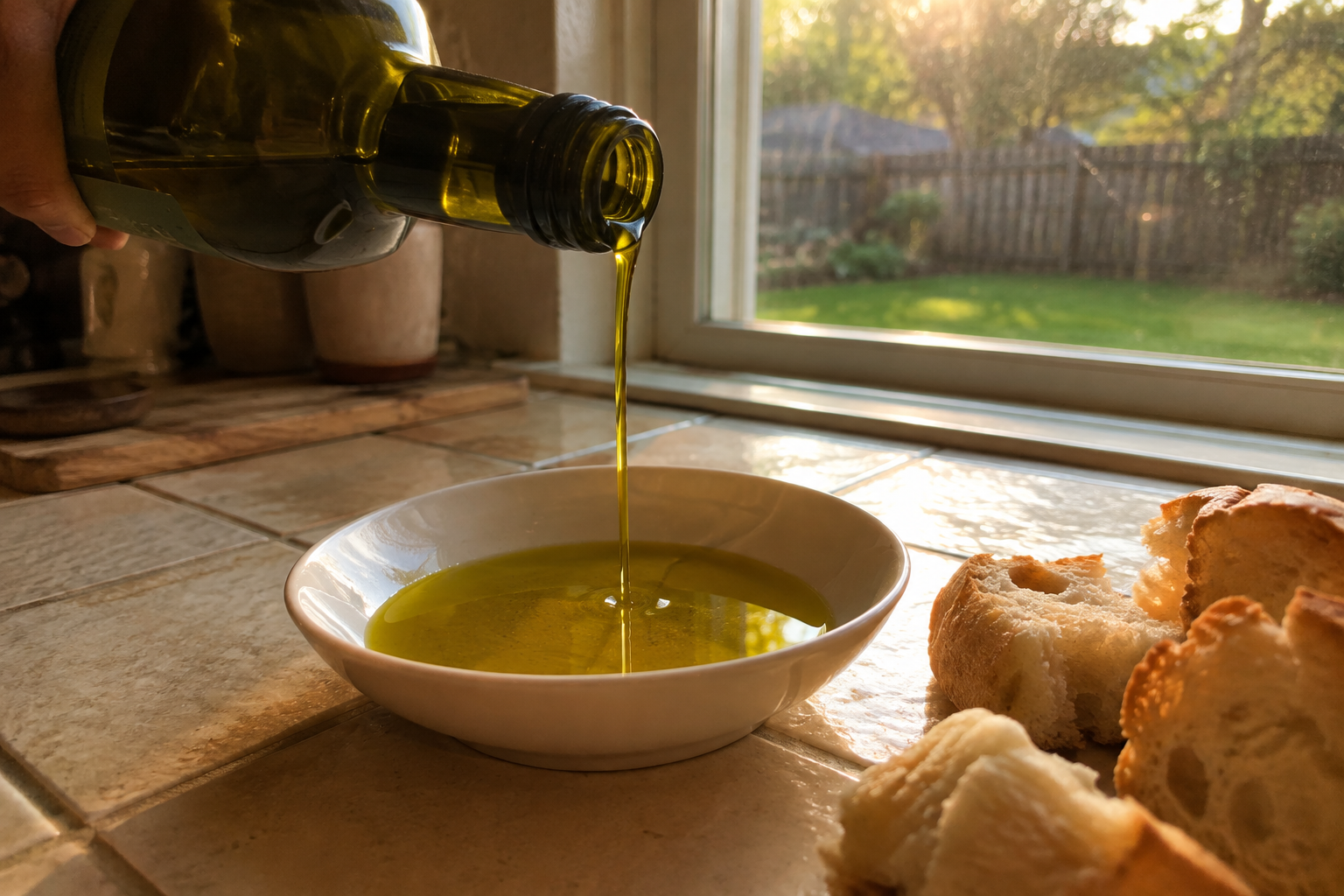 Bottle of extra virgin olive oil being poured over a home-cooked vegetable dish