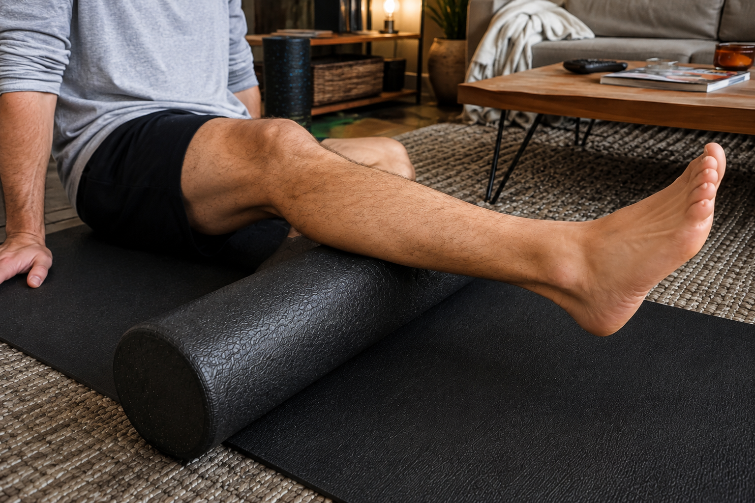 Foam roller being used on a leg after a workout at home