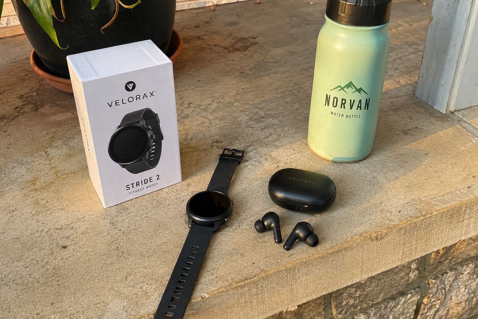 Heart rate monitor watch charging on a kitchen counter next to walking shoes