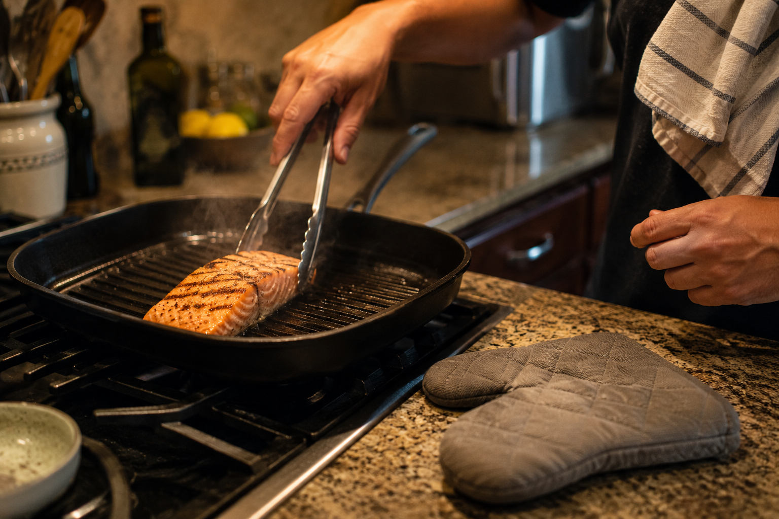 Person reading a nutrition label in their kitchen before adding it to a heart-healthy meal