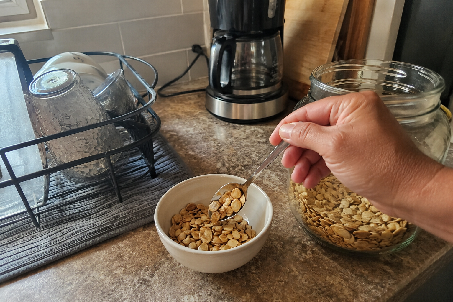 Magnesium-rich foods including pumpkin seeds, almonds, and spinach on a kitchen counter