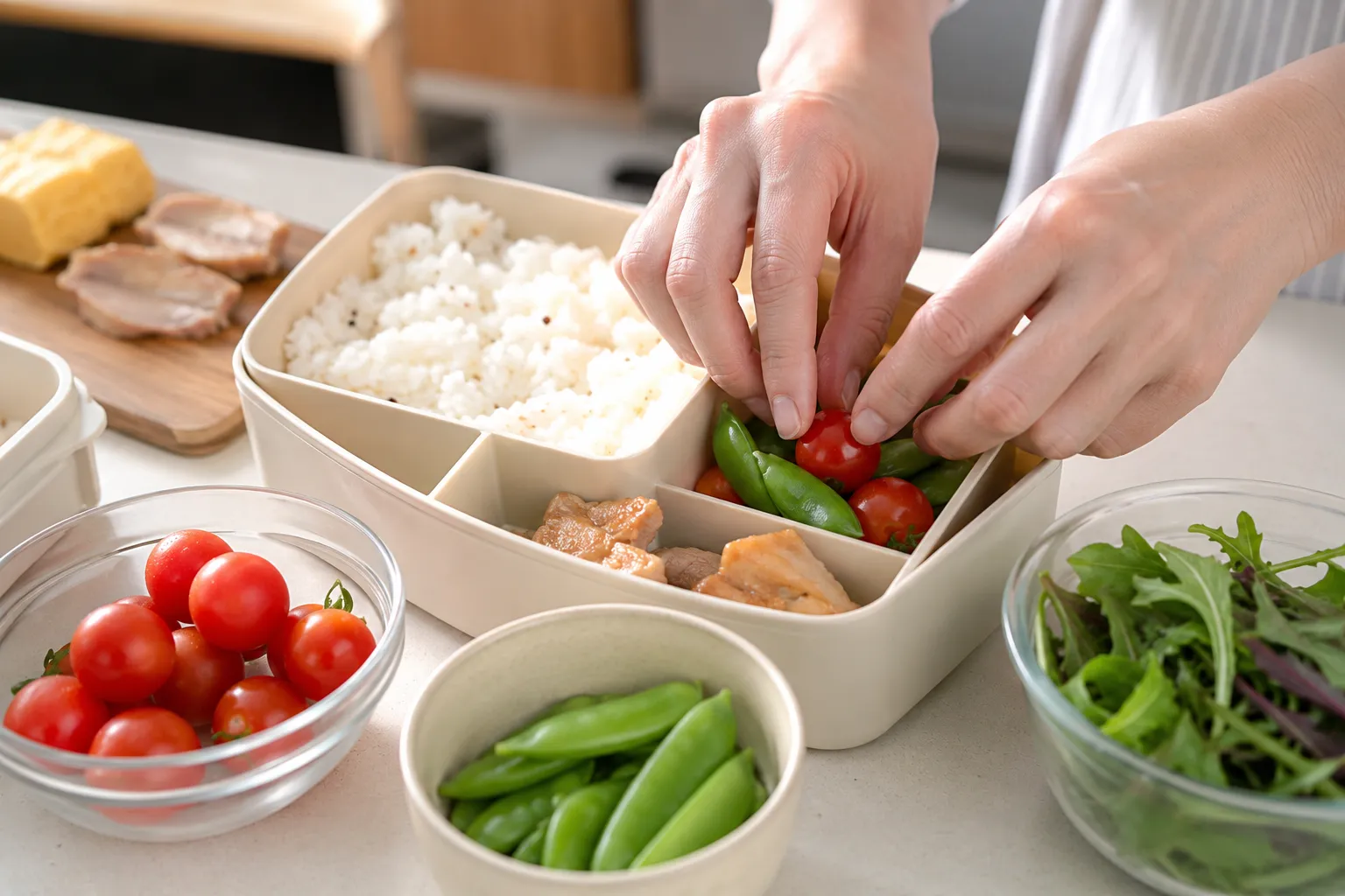 Adult bento box packed with protein, vegetables, and starch in separate compartments