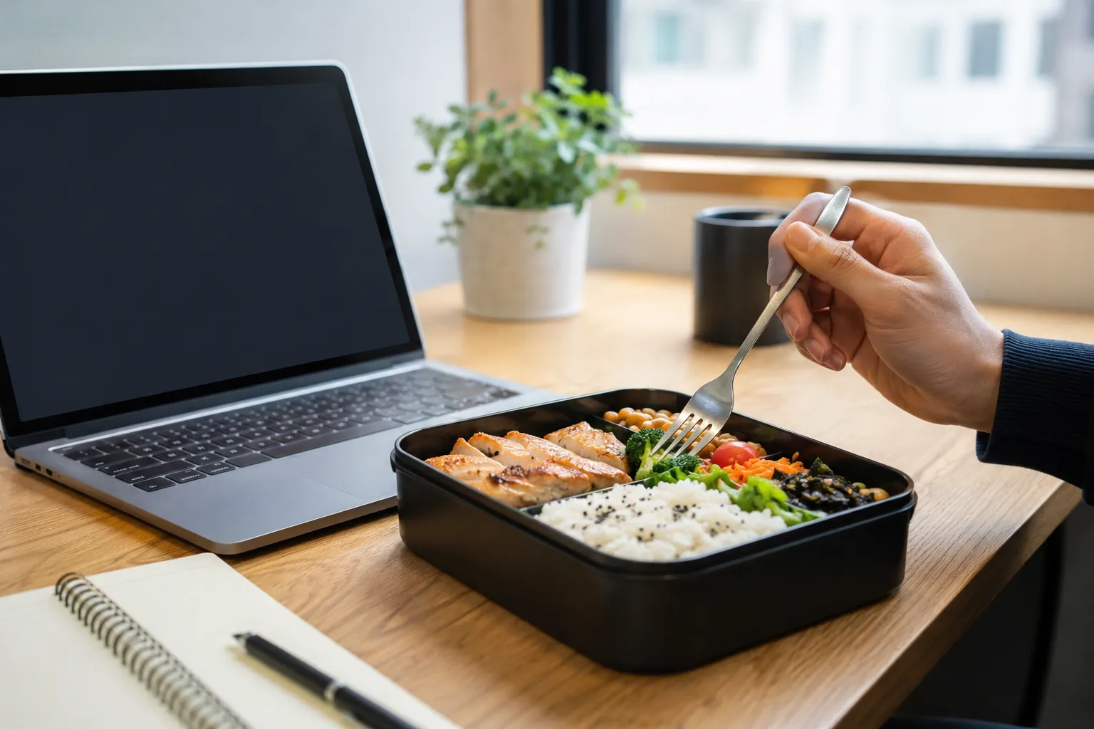 Bento box compartments filled following the palm, fist, and cupped hand portion rule