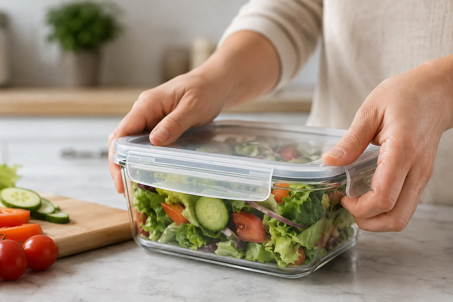 Stack of glass meal prep containers with lids