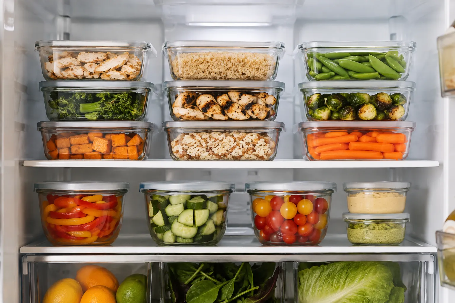 Glass containers filled with prepped meals in the fridge