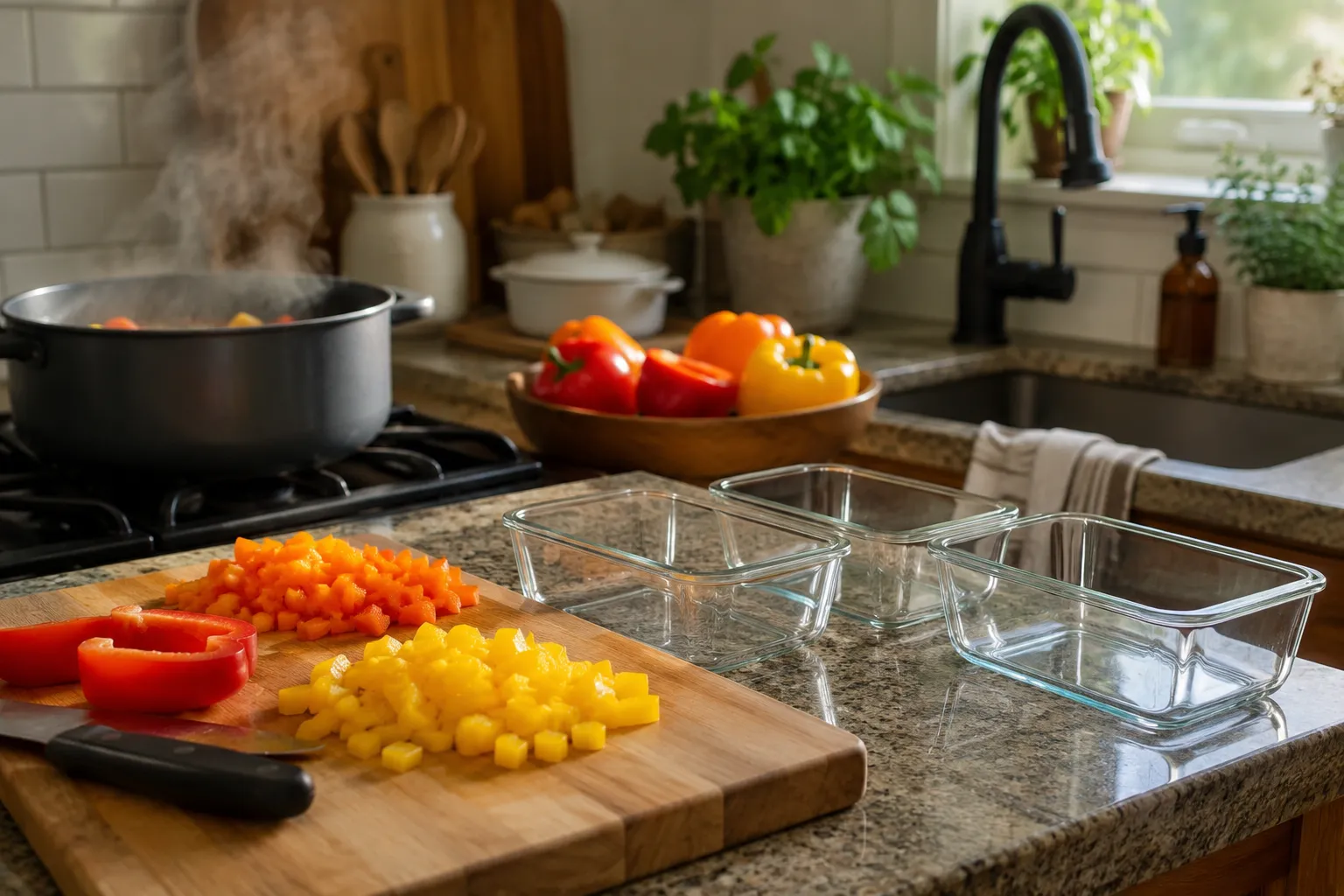 Saturday meal prep spread with protein, starch, and vegetables in glass containers