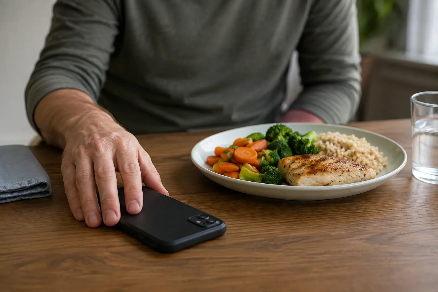 Plate with a palm-sized portion of protein, vegetables, and starch