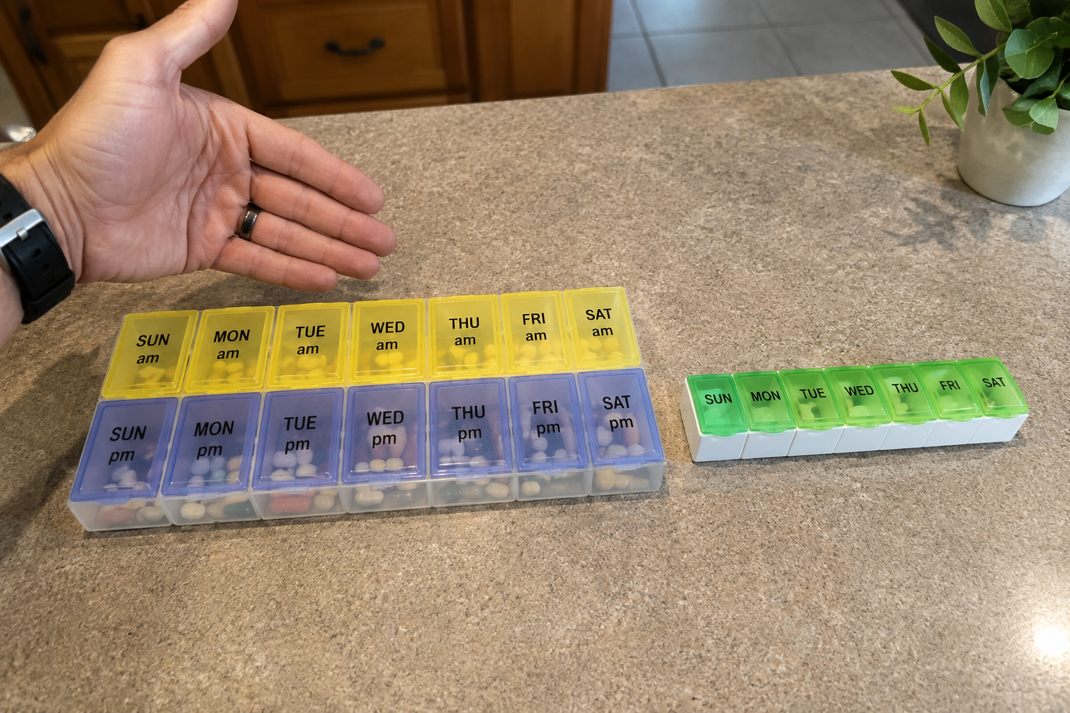 One of the best pill organizers, a weekly AM PM case filled and ready for the week