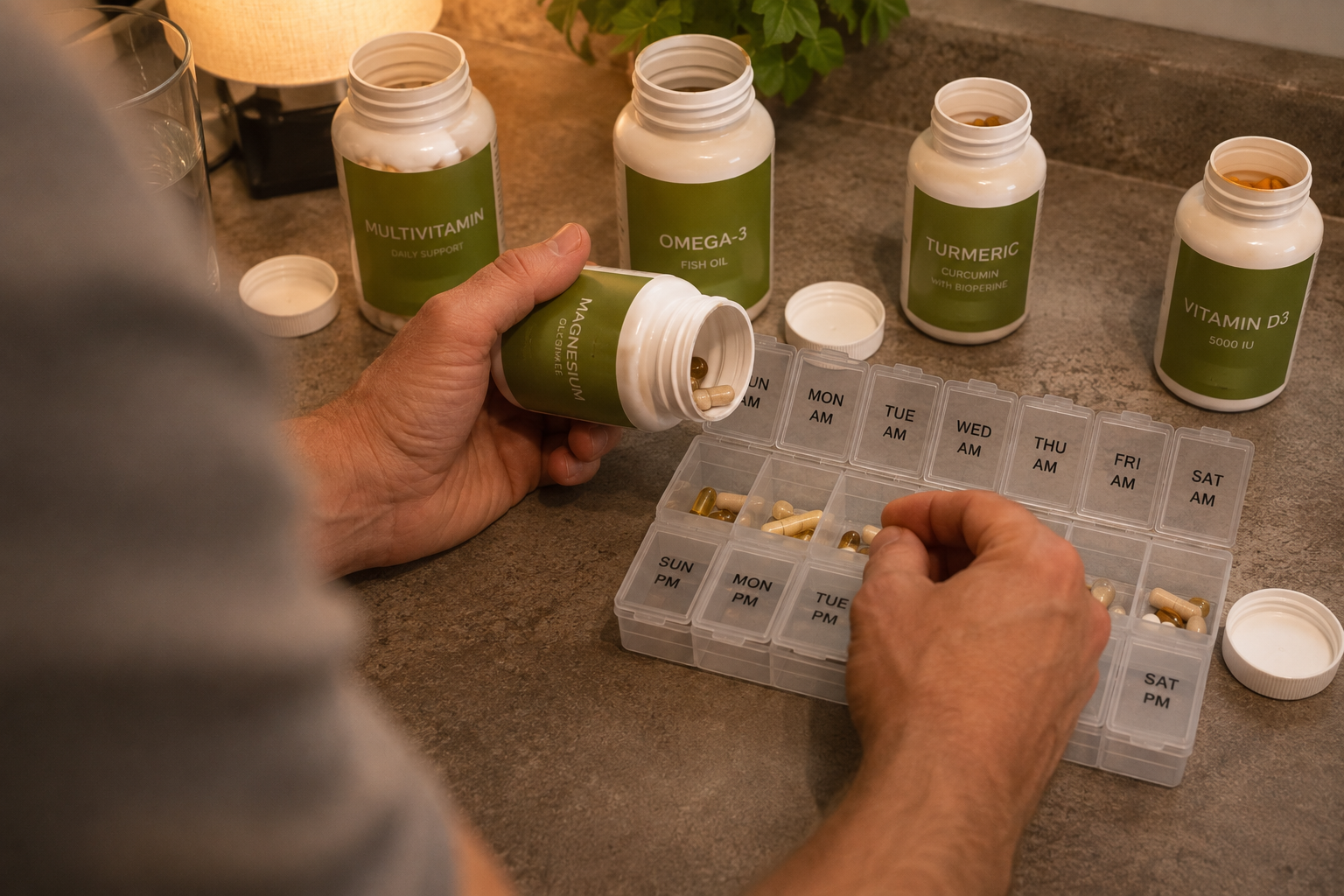 A full lineup of daily supplements next to a labeled pill organizer