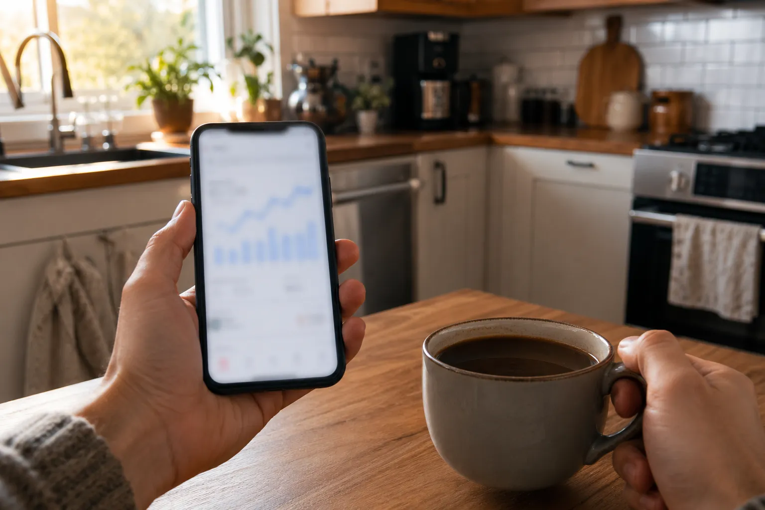 Smart bathroom scale with app trend graph on a phone nearby