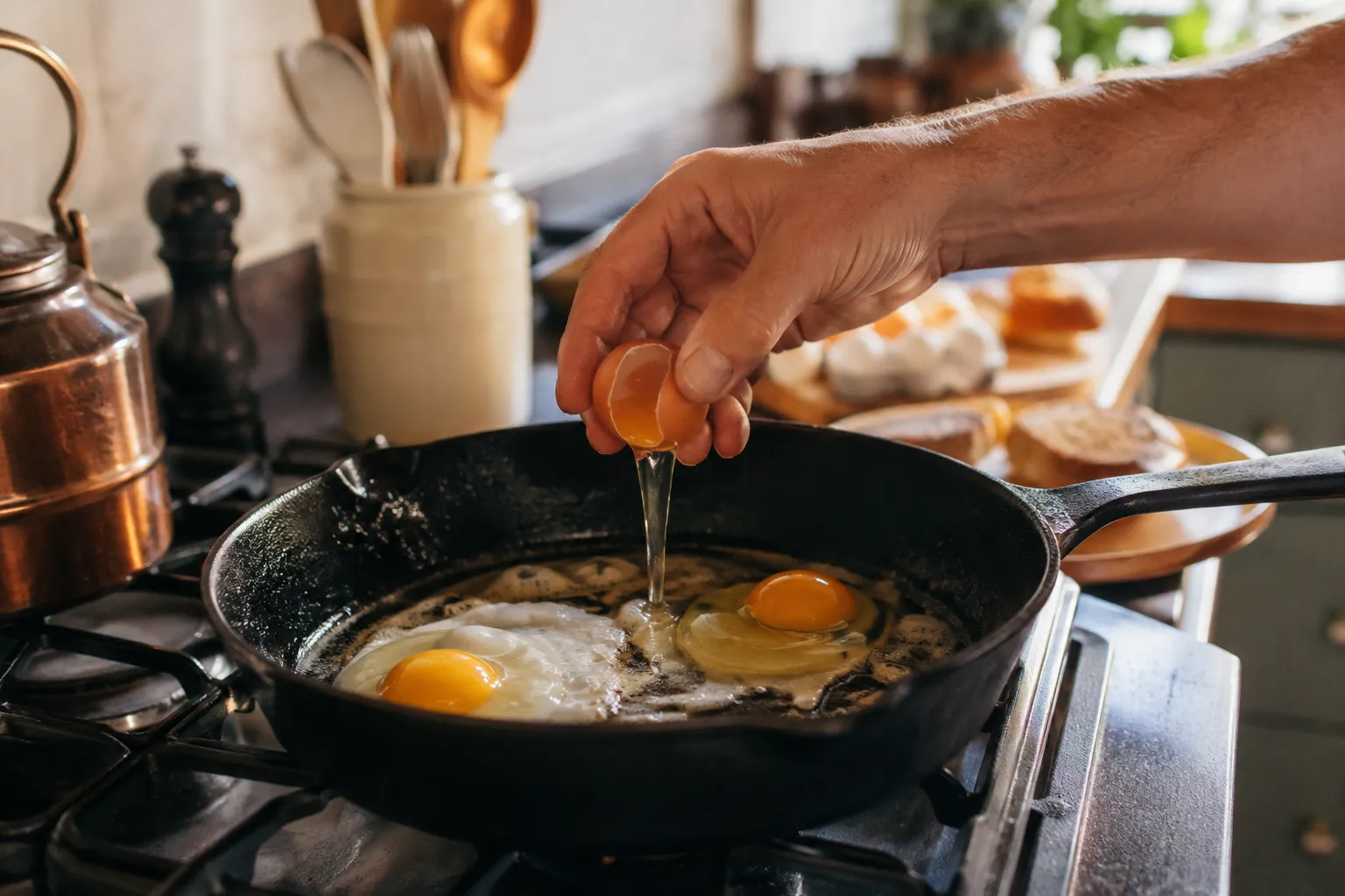 Eggs cooked for breakfast alongside a jar of pickles