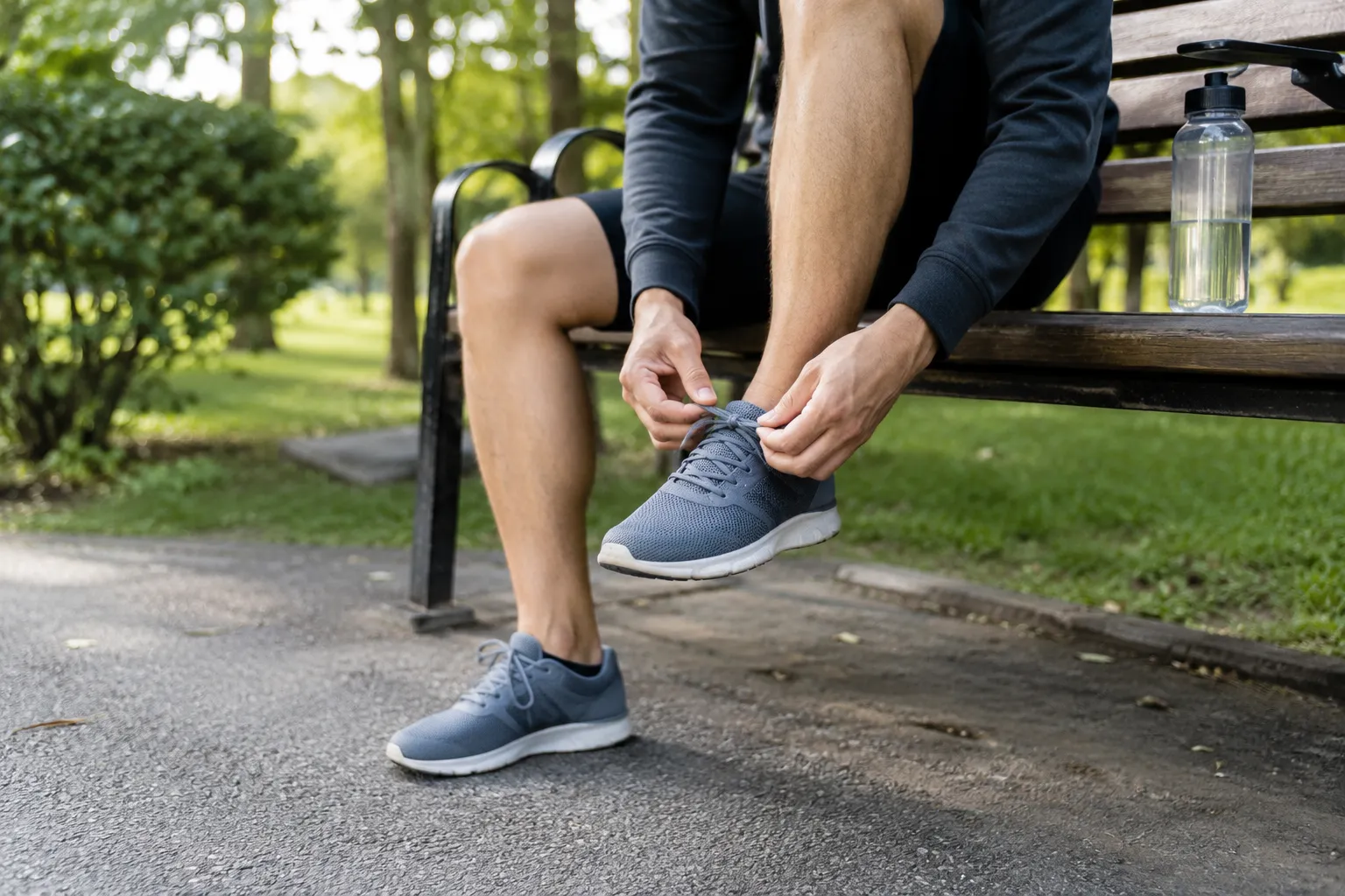 Person lacing up walking shoes before a morning walk