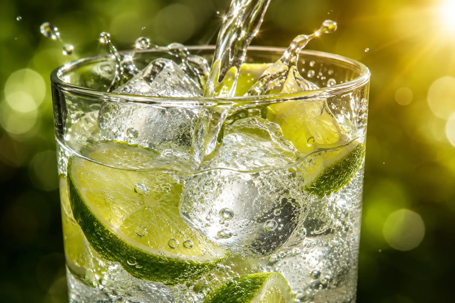 Glass of sparkling water with ice on a kitchen counter