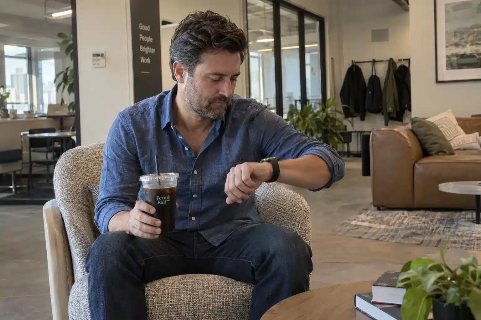 Man checking his watch with an iced coffee, illustrating when to stop caffeine before bed