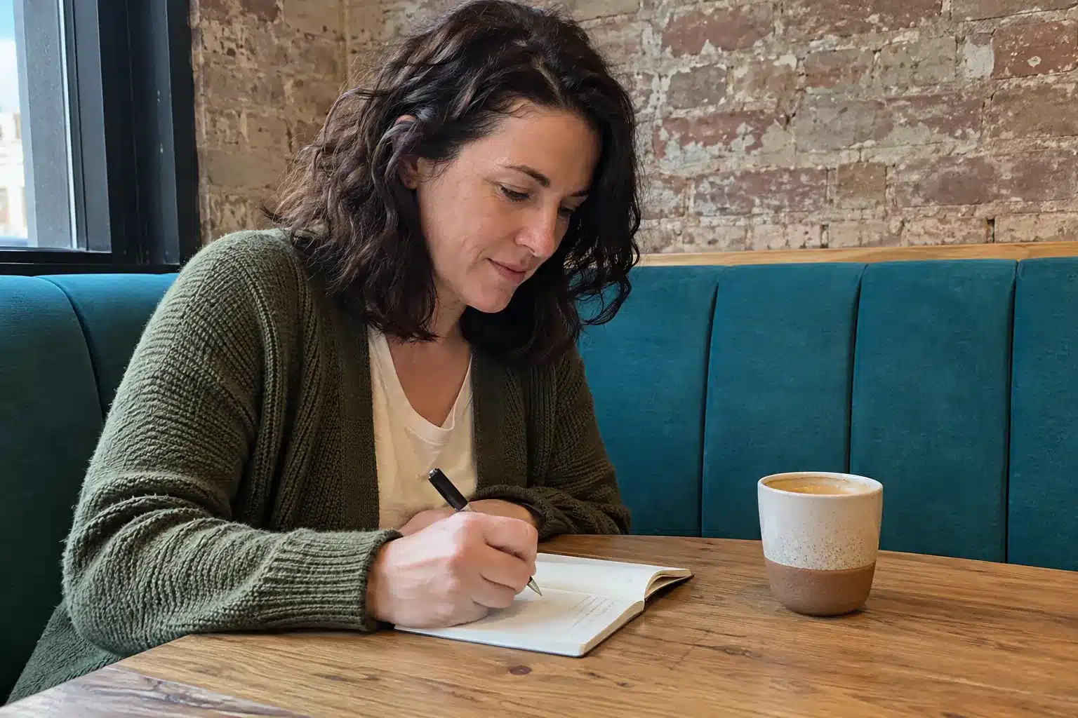 Woman writing in a notebook beside her coffee in a cafe booth