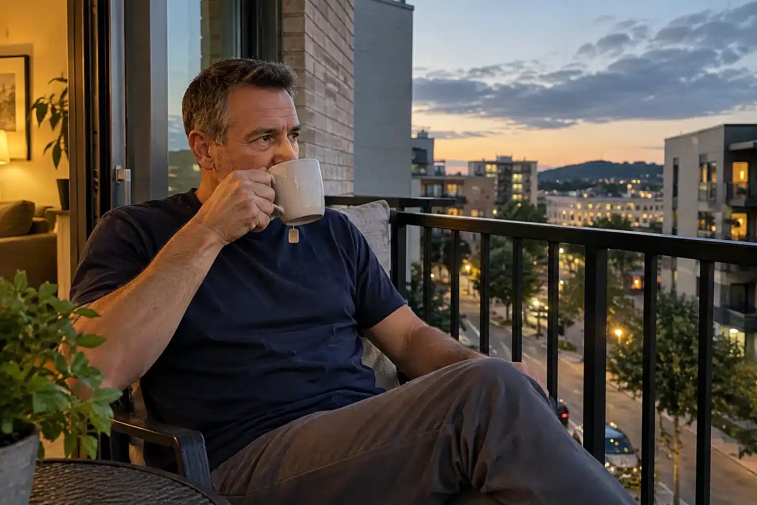 Man sipping tea on an apartment balcony at dusk