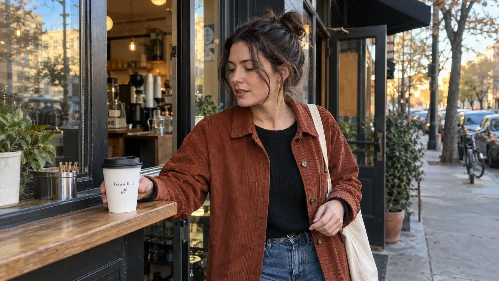 Woman picking up a takeaway coffee at a neighborhood cafe