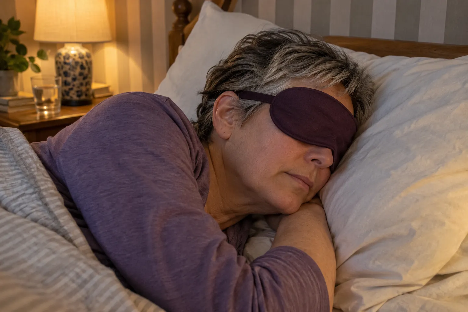 Side-sleeping fit example for the best sleep masks for side sleepers guide: woman wearing a flat fabric mask