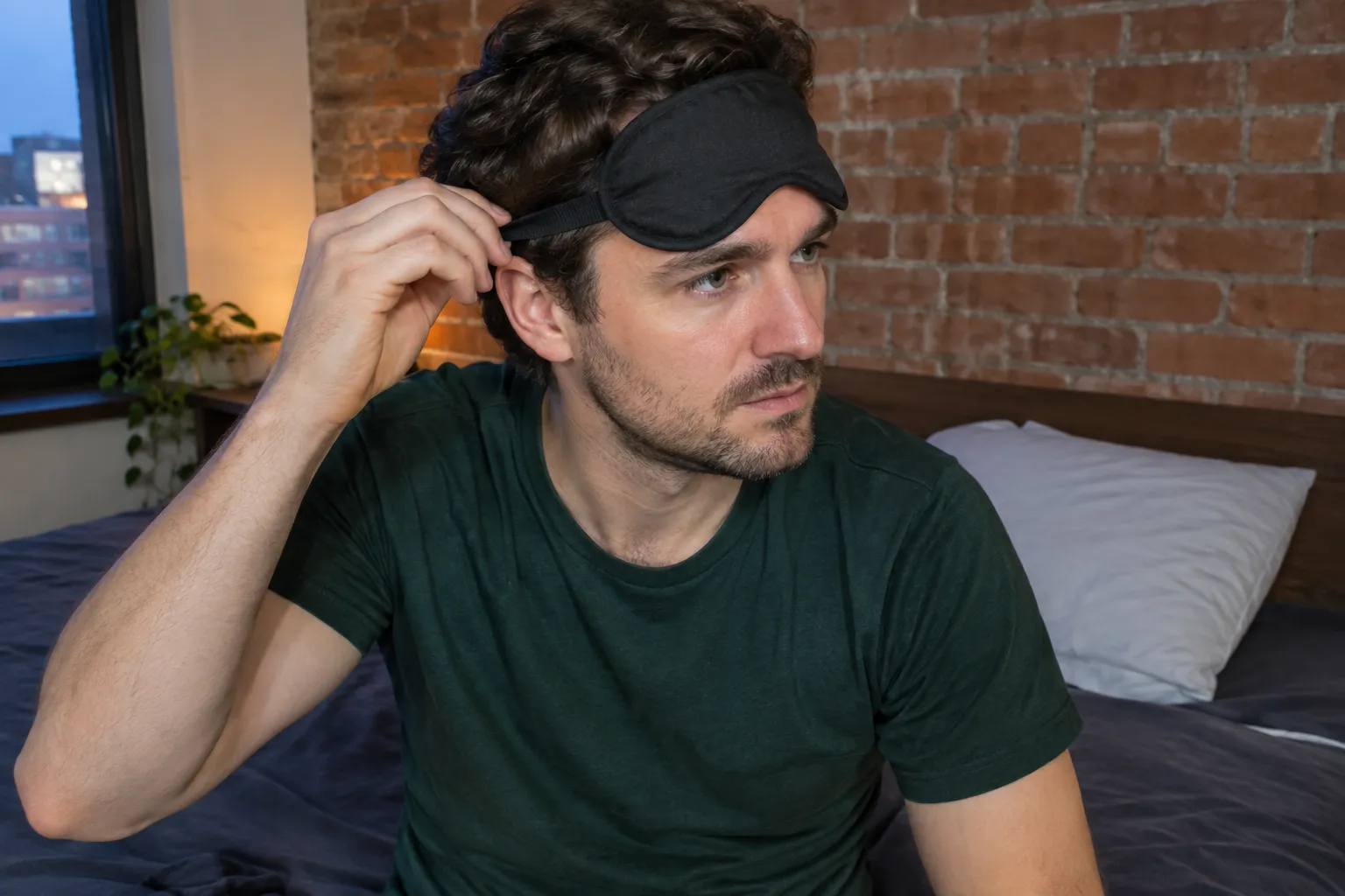 Man adjusting the strap of a sleep mask raised to his forehead