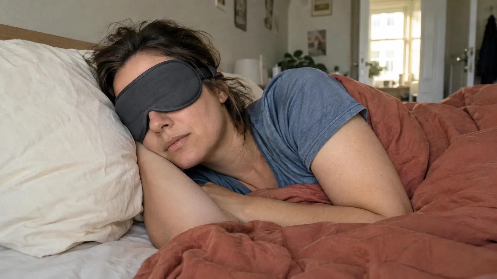 Woman lying on her side wearing a sleep mask