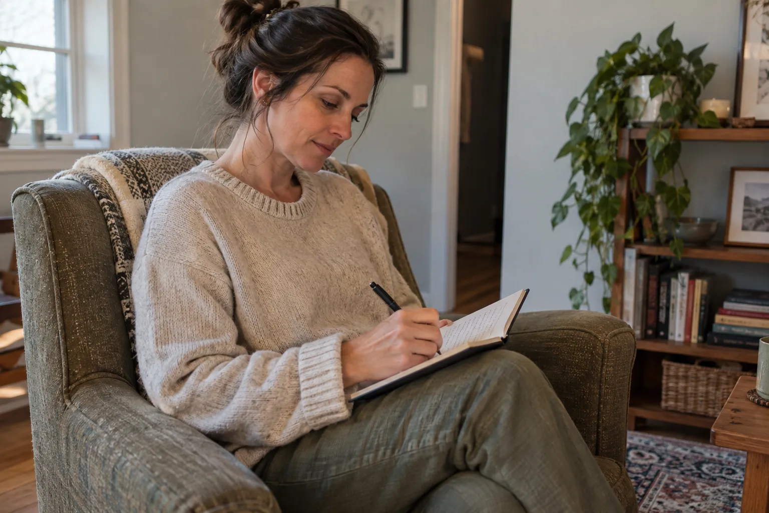 Woman writing morning notes in a notebook in an armchair