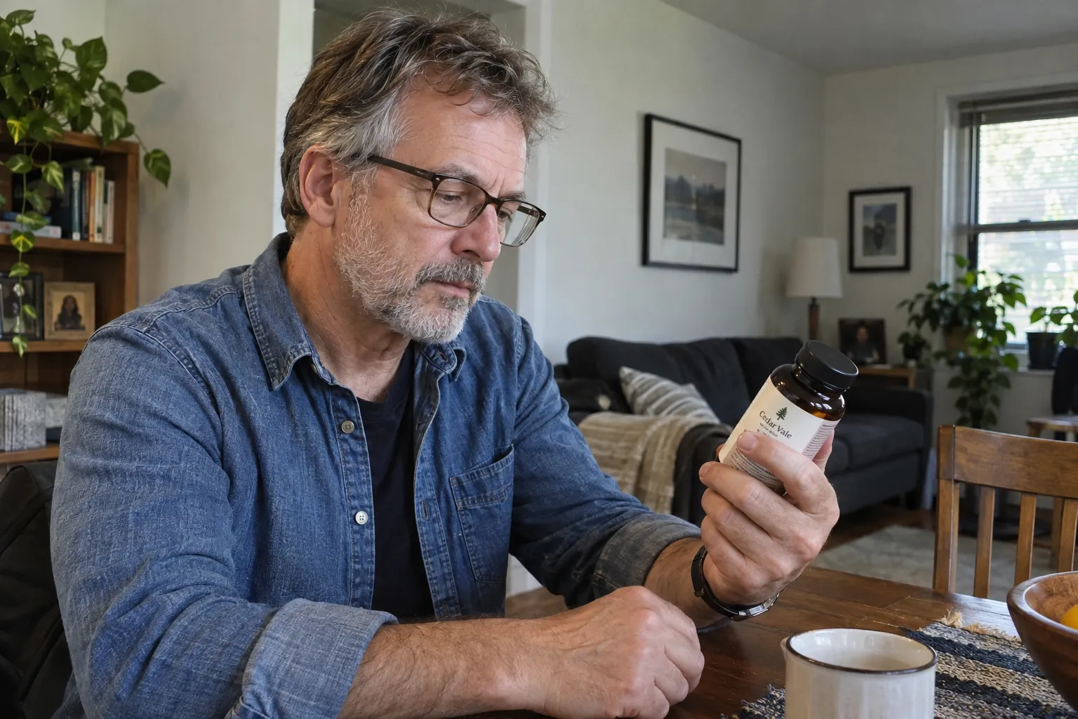 Man reading the label of a supplement bottle at a dining table