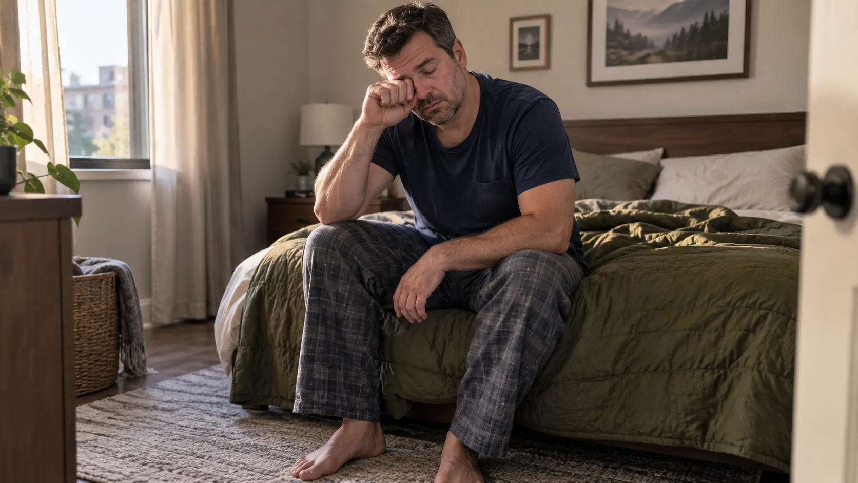 Man sitting on the edge of his bed rubbing one eye