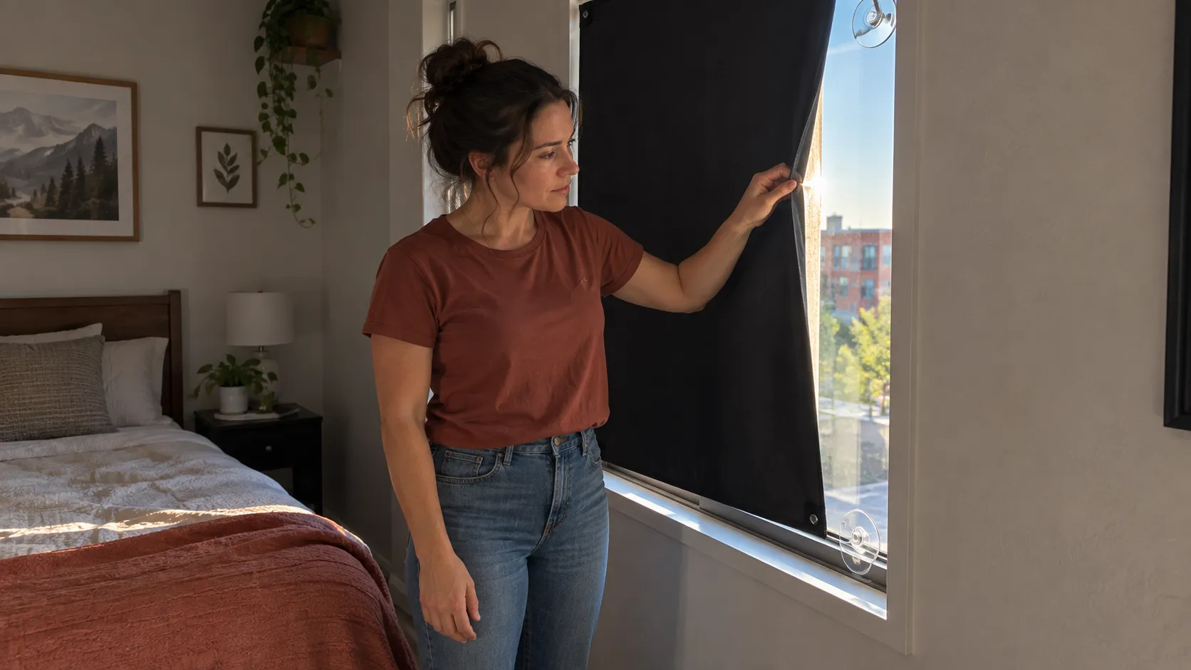 Woman checking the edge of a dark window panel