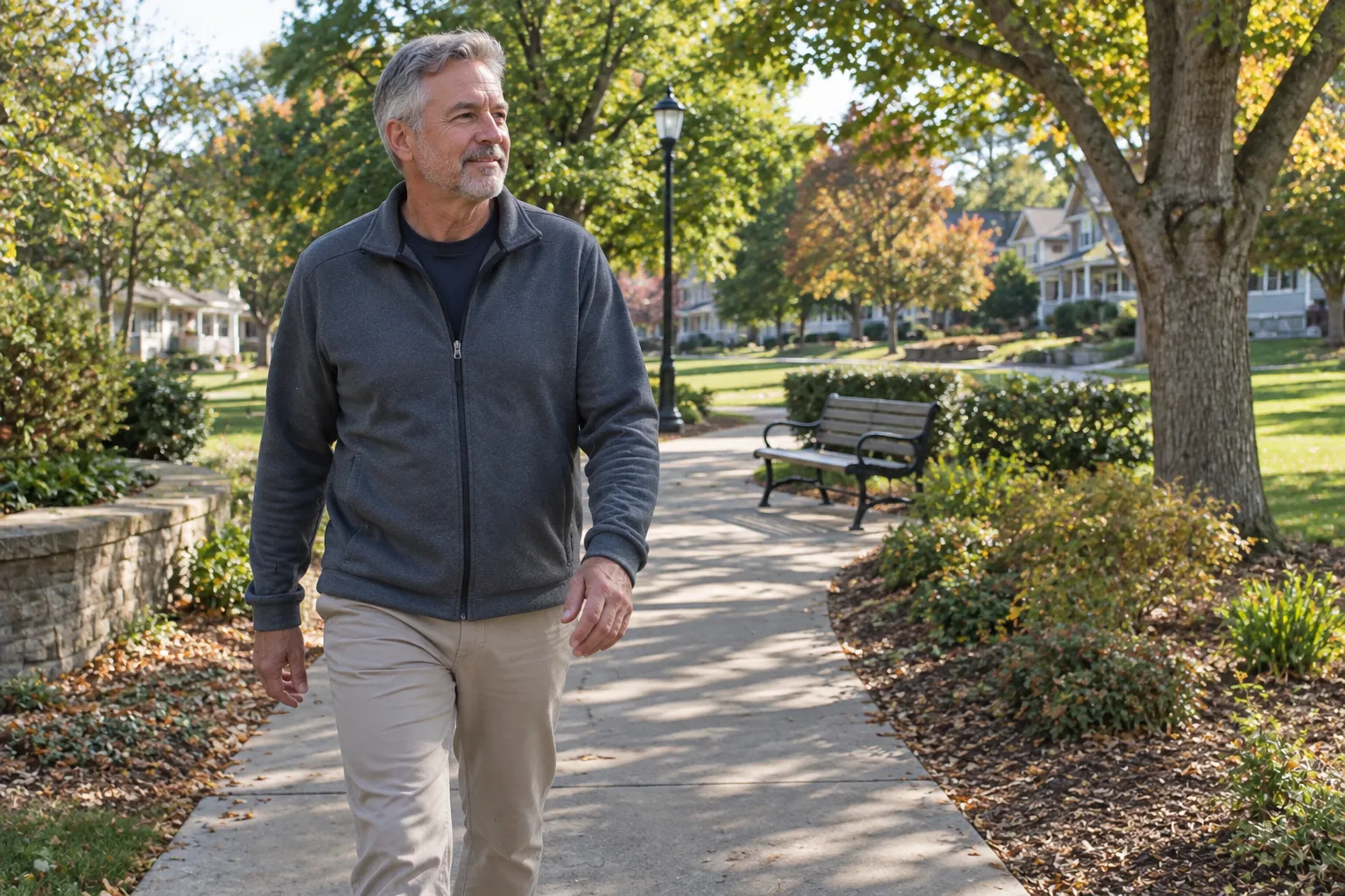 Man walking along a tree-lined neighborhood park path