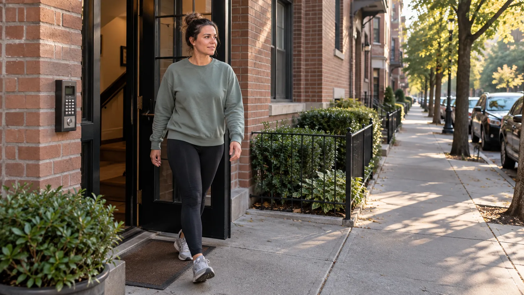 Woman stepping outside her apartment for a morning walk