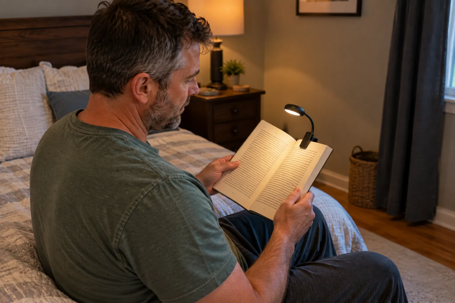 Man reading a paperback with a clip-on book light