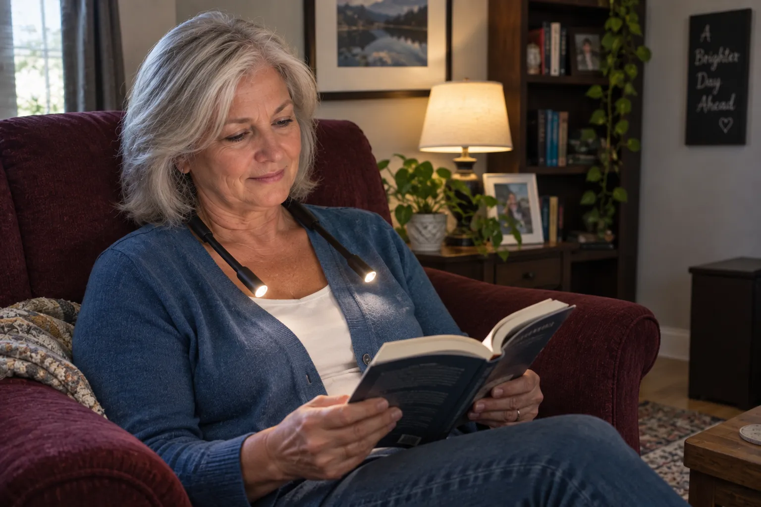 Woman reading in an armchair with a neck reading light