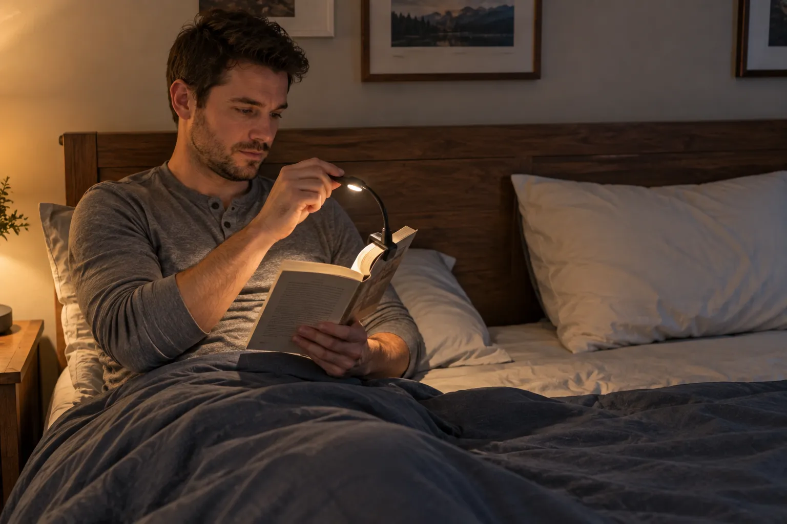Aiming a lamp in the best reading lights for bedtime guide: man adjusting a book light toward the page