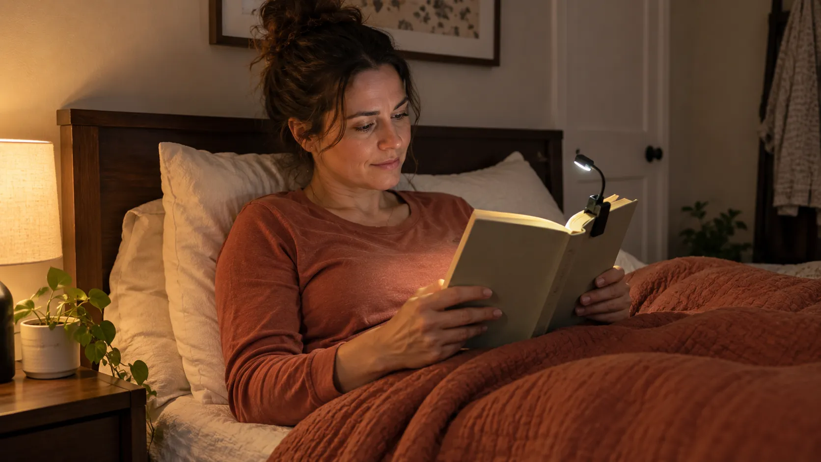 Woman reading in bed with a clip-on reading lamp