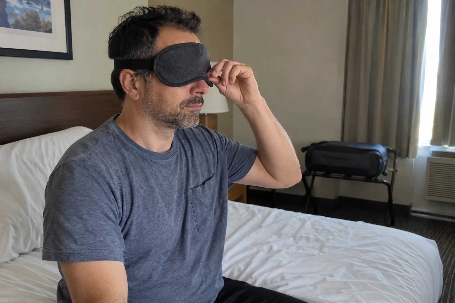 Man adjusting a sleep mask while seated on a hotel bed
