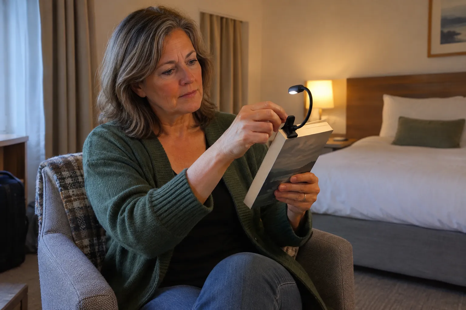 Woman adjusting a clip-on reading light on a paperback in a hotel room