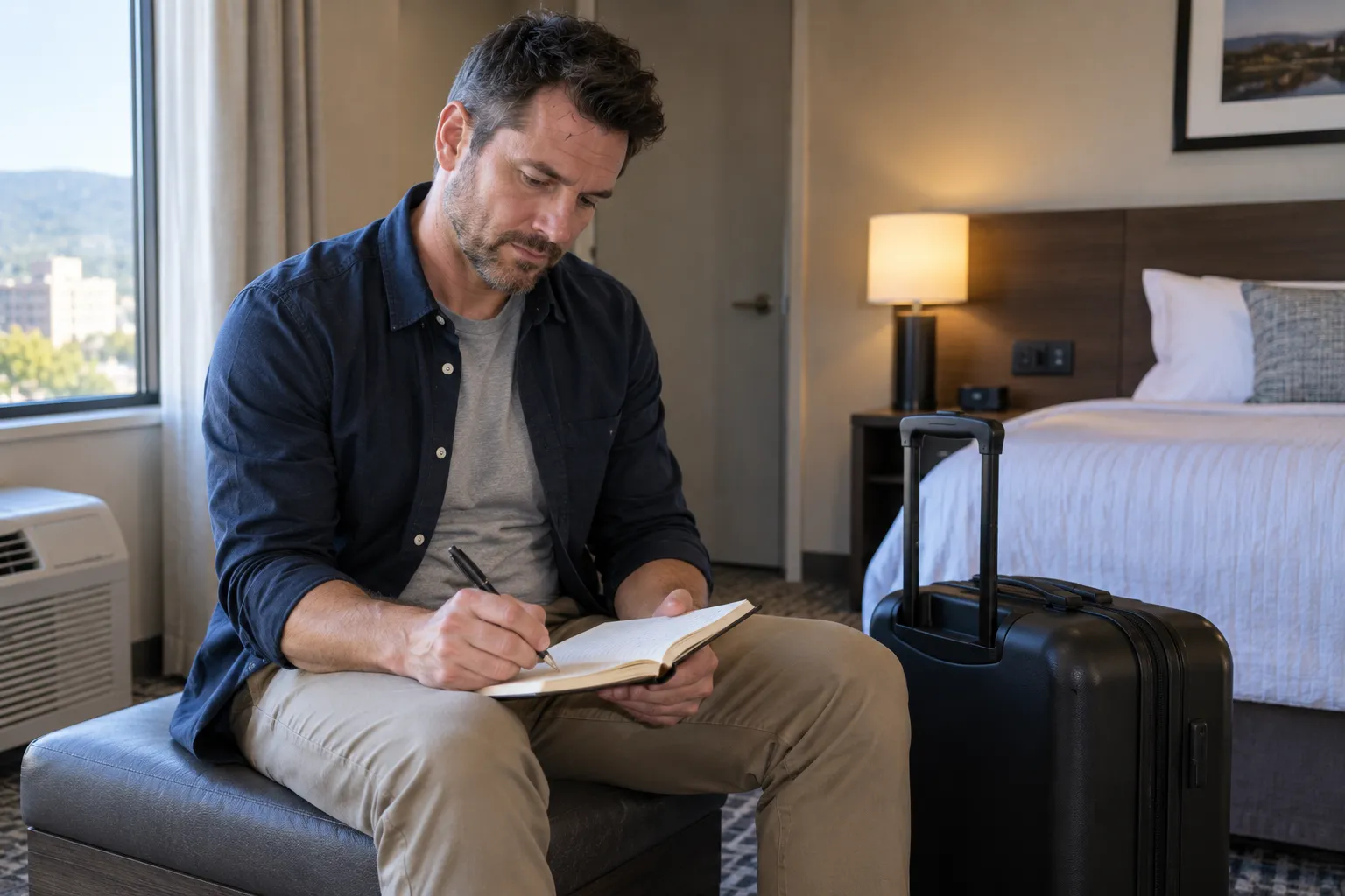 Man writing in a notebook beside his suitcase in a hotel room