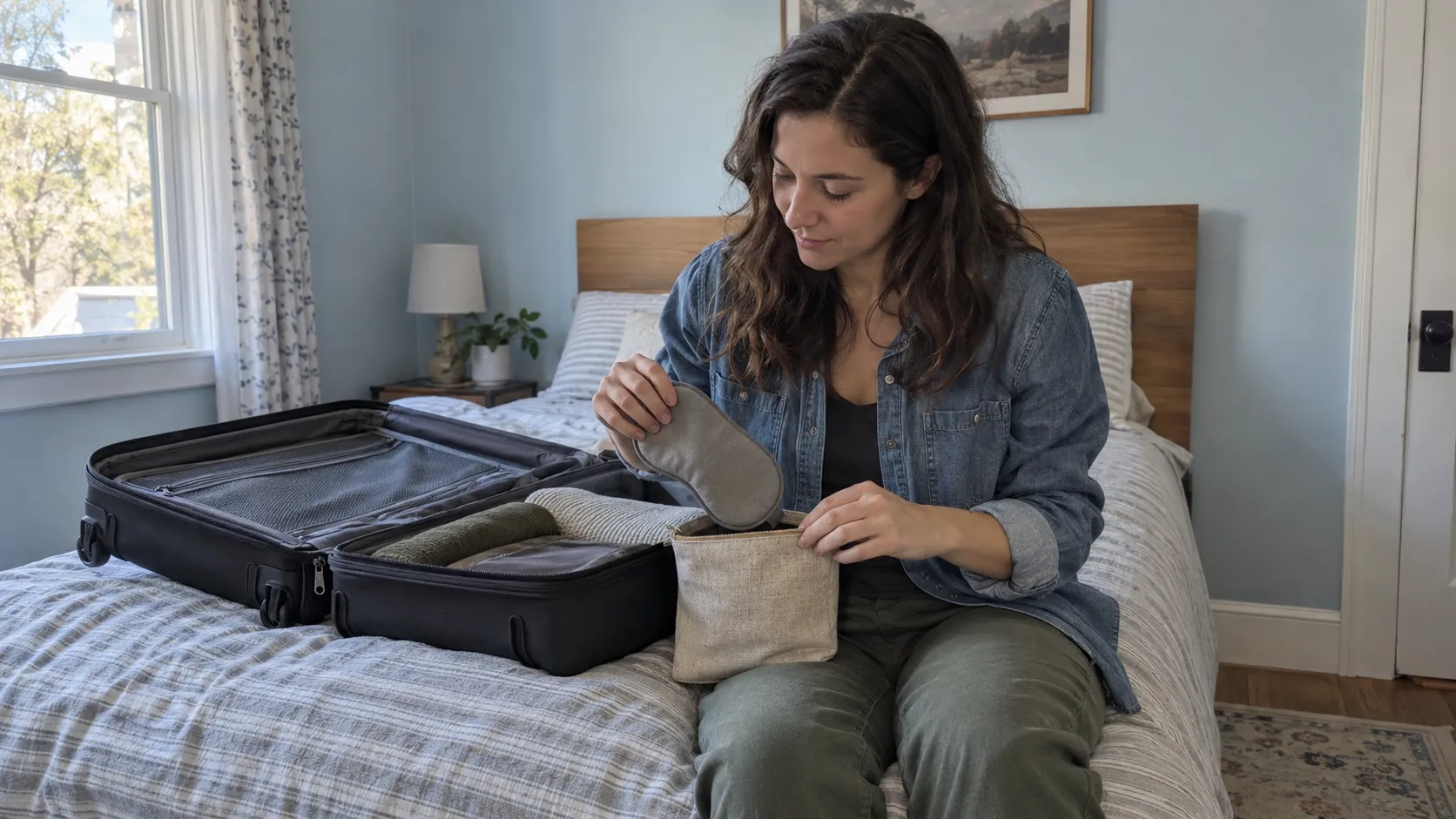 Woman packing a sleep mask into a travel sleep kit beside an open suitcase