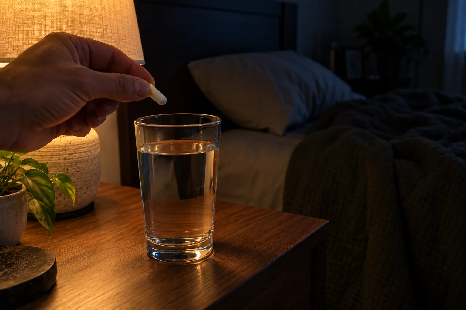 magnesium glycinate and melatonin capsule with water at night