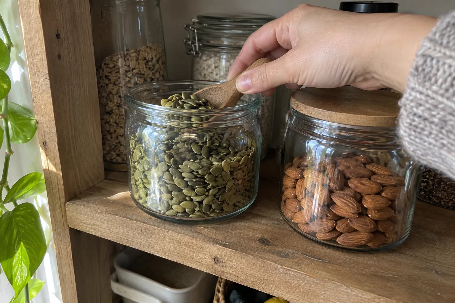 magnesium rich foods pumpkin seeds scooped from jar